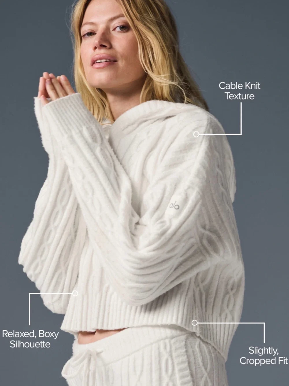 ALO Yoga Cream Cropped Cable-Knit Hoodie Sweater